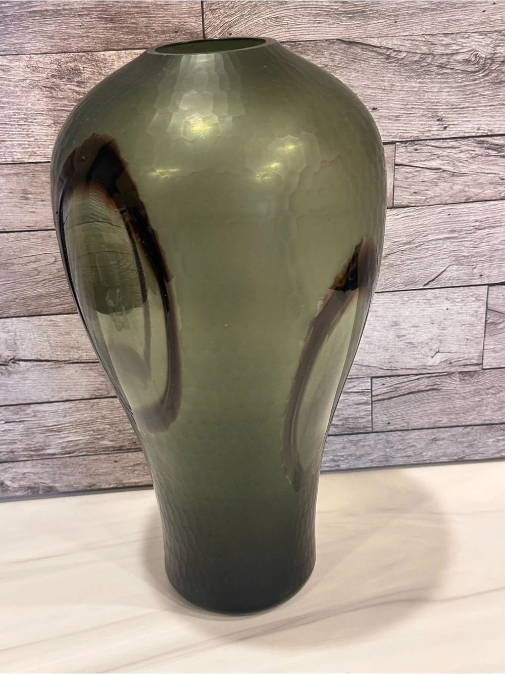 Modern Avocado Green Glass Floor Vase Large 13 Inch Dimpled Teardrop Unbranded